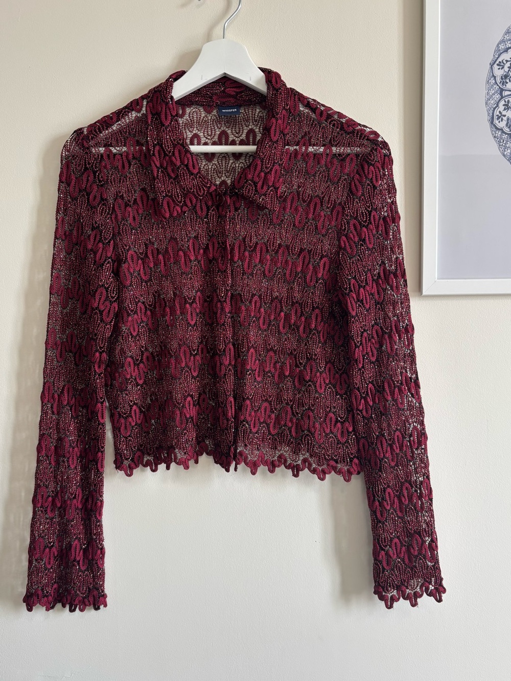 Boho Cropped Lace Top Burgundy Sheer Button Up Vintage | Size S